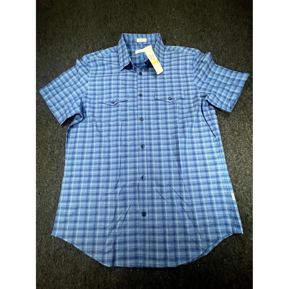 Calvin Klein Shirt Mens Medium Blue Plaid Flap Pockets Short Sleeve Button Up